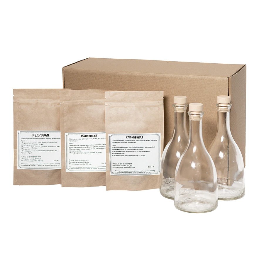 Набор  "Сам себе сомелье" для приготовления  авторских напитков Кедровая, Малиновая, Клюквенная настойки (#EEE8AA;, 40 х 25 х 15 см)