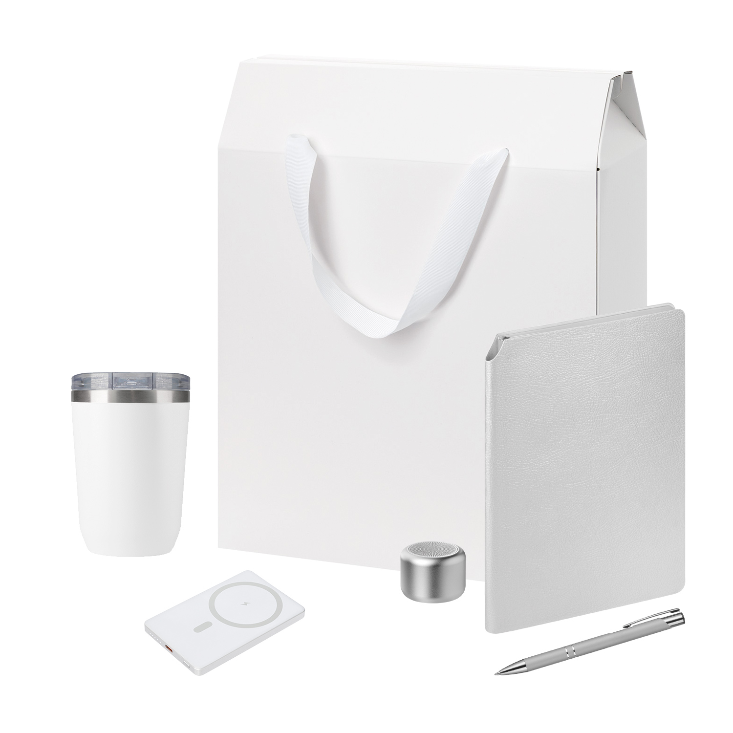 Подарочный набор Welcome Pack Premium, серебряный (термокружка, колонка, ежедневник, ручка, ЗУ, коробка-пакет)